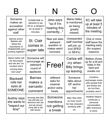 Farewell Work Meeting Bingo Card