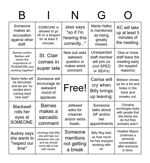 Farewell Work Meeting Bingo Card