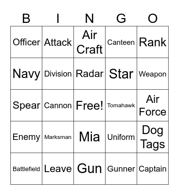Military Vocabulary Bingo Card