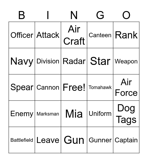 Military Vocabulary Bingo Card