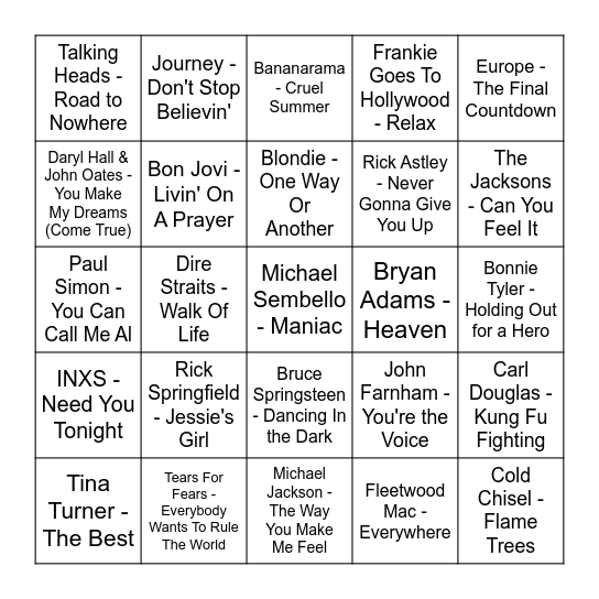 Bingo: 80's Bingo Card