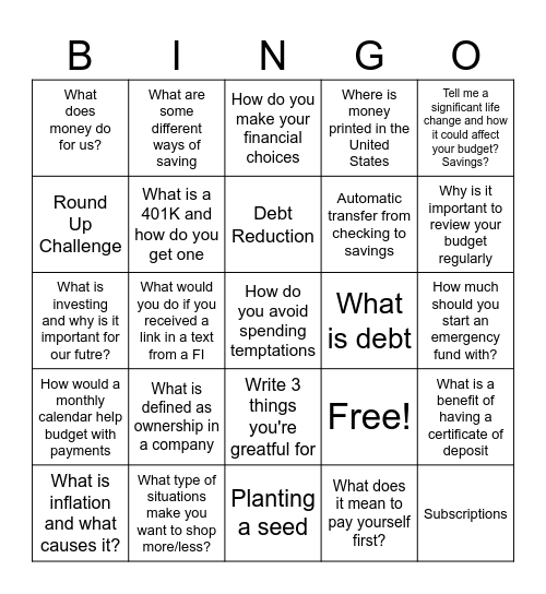 Savings Priorities & Strategies Bingo Card