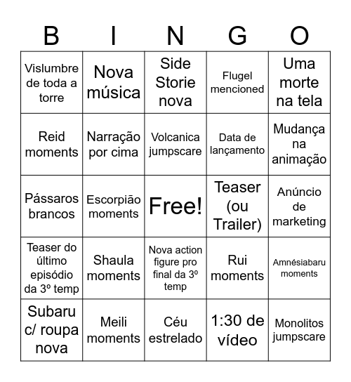 Re:Zero Anúncio dia 23 Bingo Card