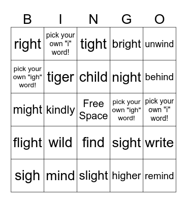 "igh" and "i" BINGO Card