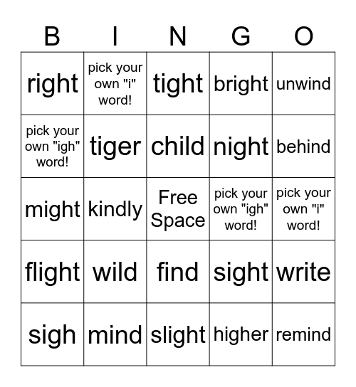 "igh" and "i" BINGO Card
