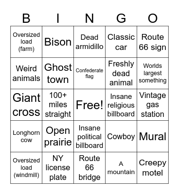 Road Trip Bingo Card