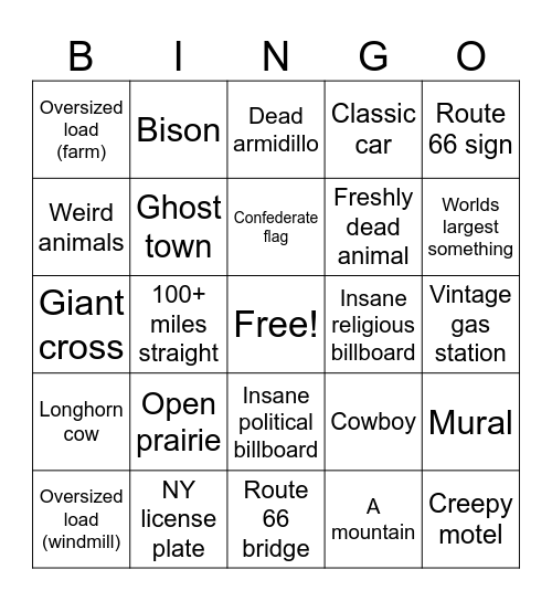 Road Trip Bingo Card
