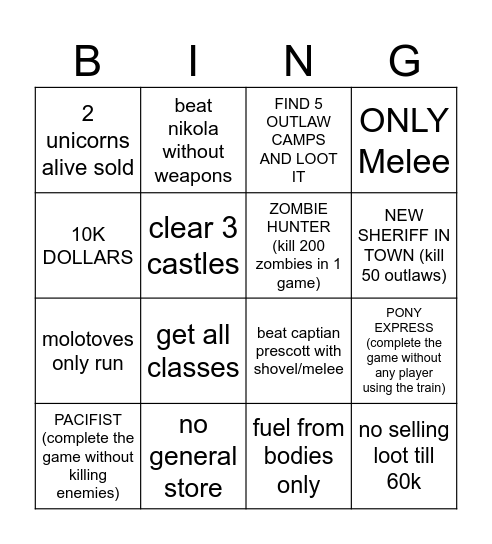 dead rails bingo Card
