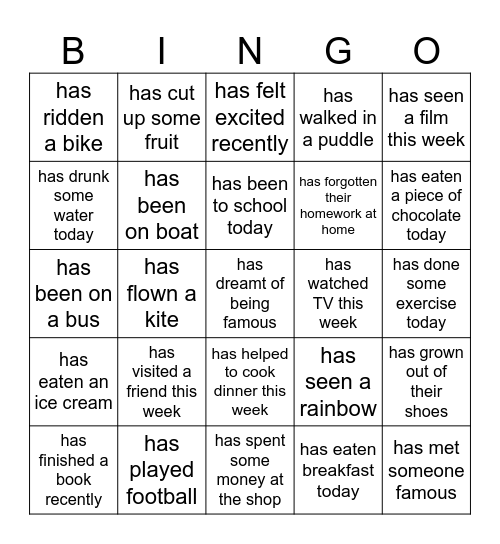 Present Perfect Bingo Card