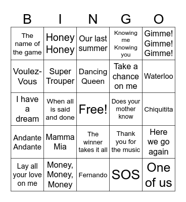 Mamma Mia Bingo Card