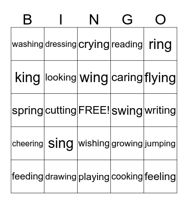 Words with -ing sound Bingo Card