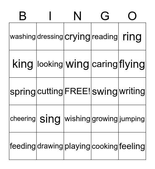 Words with -ing sound Bingo Card