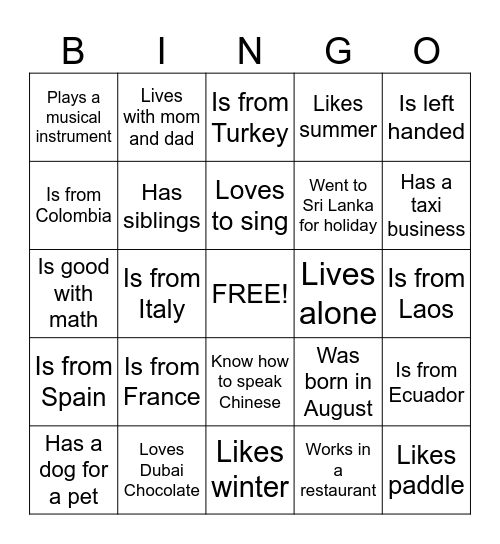 Get to know you Bingo Card