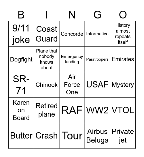 Aviation Bingo Card
