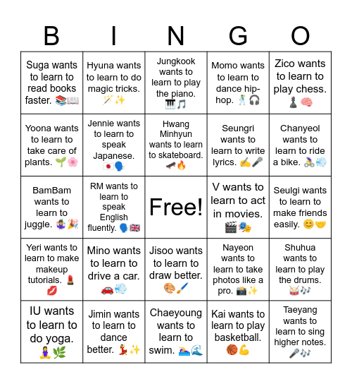 Jimin wants to learn to dance better. Bingo Card