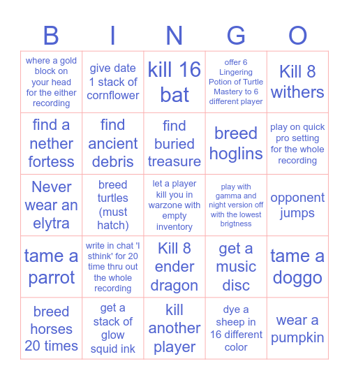 Minecraft Bingo Card