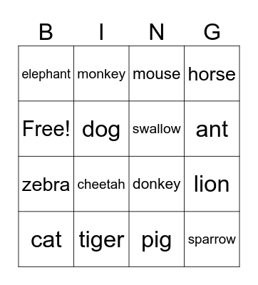 Animals Bingo Card
