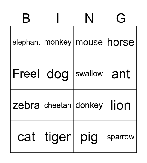 Animals Bingo Card