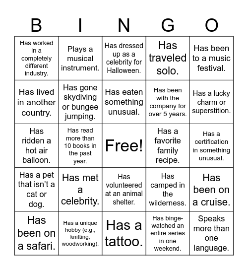 Front Services Bingo Card