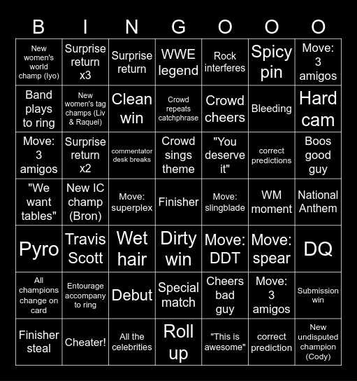 Wrestlemania 2025 Bingo Card