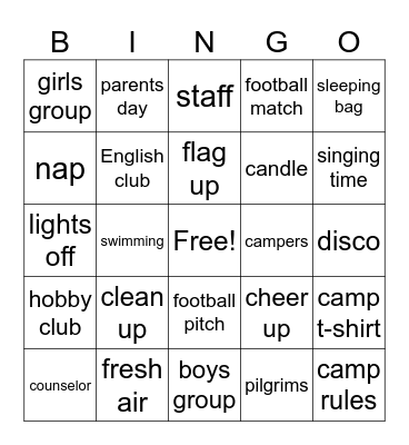 summer camp Bingo Card