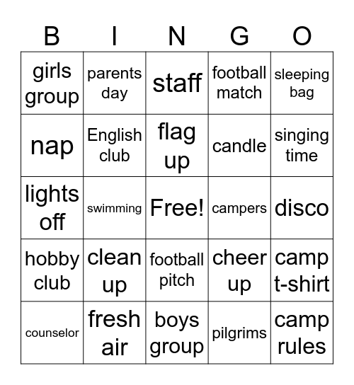 summer camp Bingo Card