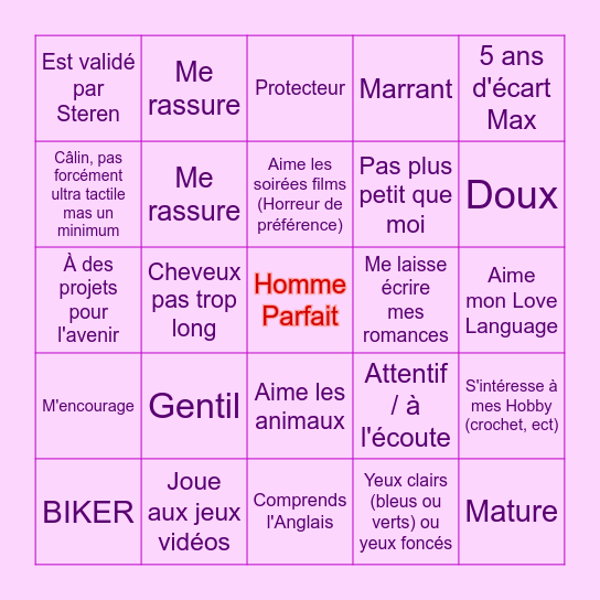 Perfect Man Bingo Card