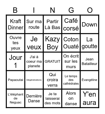 Musiques Francophones Bingo Card