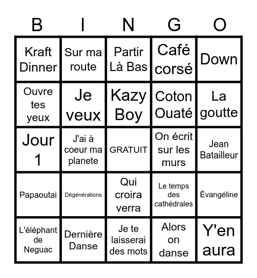 Musiques Francophones Bingo Card