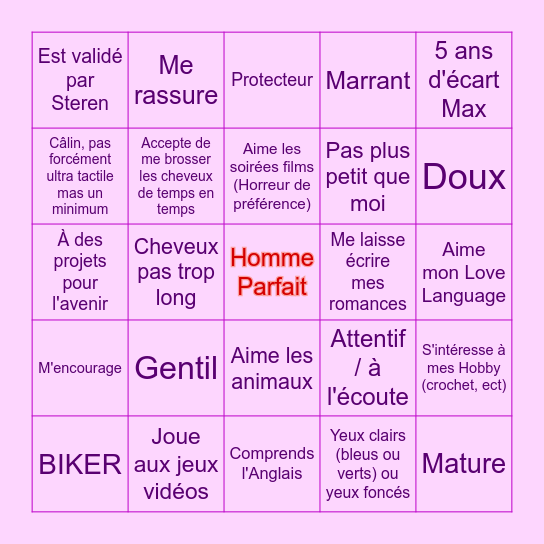 Perfect Man Bingo Card