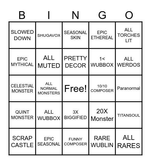 MY SINGING MONSTERS Bingo Card