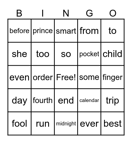 Sight Word/High Frequency Word Bingo Card