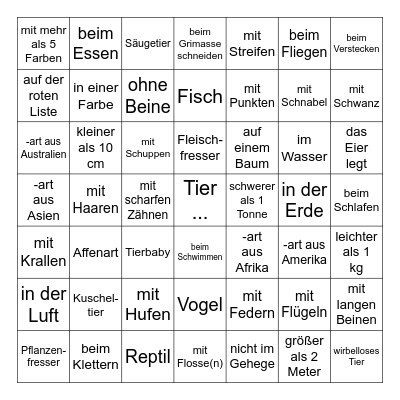 Zoo-Safari Bingo Card