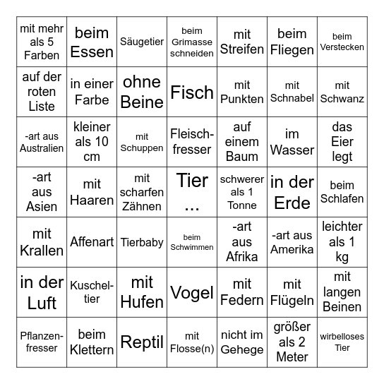 Zoo-Safari Bingo Card