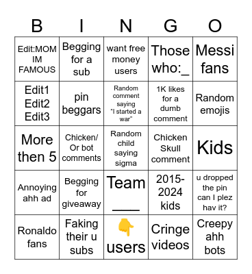YouTube shorts comment Bingo Card