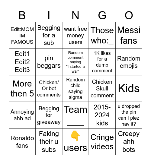 YouTube shorts comment Bingo Card