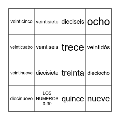 LOS NUMEROS 0-30 Bingo Card