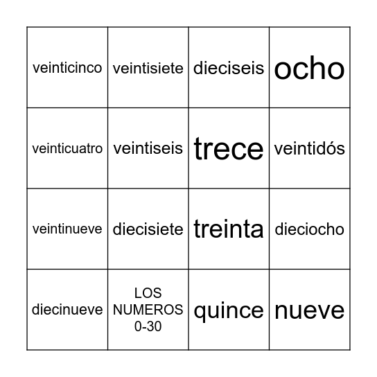 LOS NUMEROS 0-30 Bingo Card