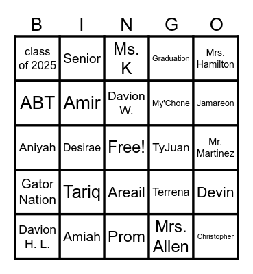 Class of 2025 Spring Break Bingo Card