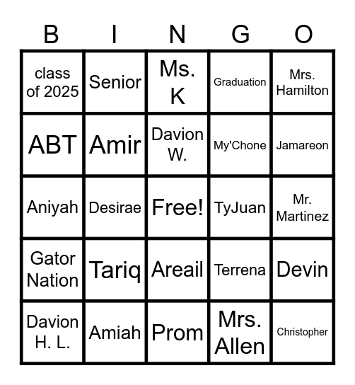 Class of 2025 Spring Break Bingo Card