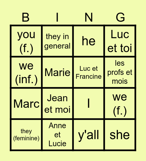 les pronoms Bingo Card