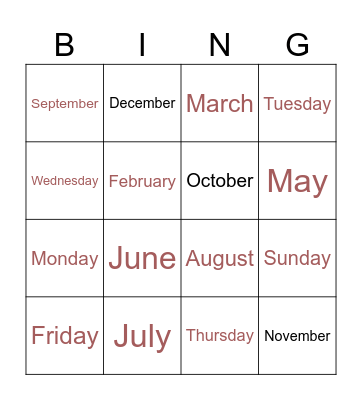 Days and months Bingo Card