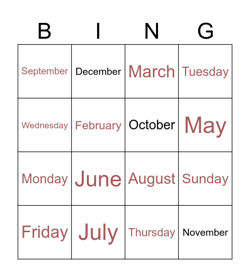 Days and months Bingo Card