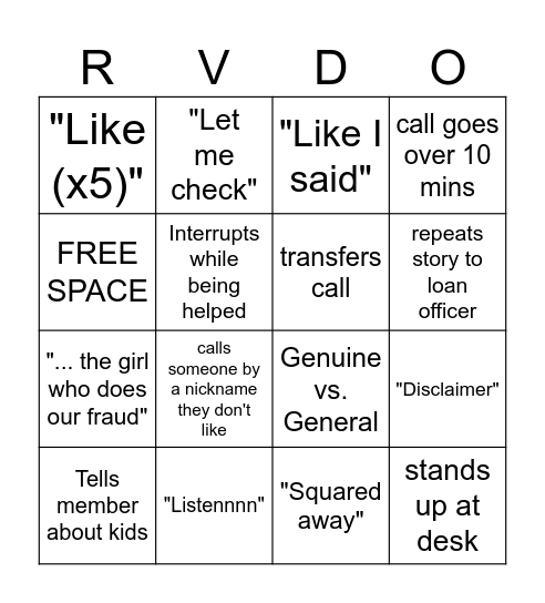 RVD PHONE CALL BINGO Card