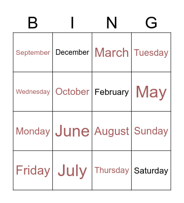 Days and months Bingo Card