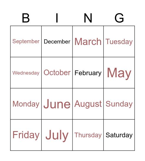 Days and months Bingo Card