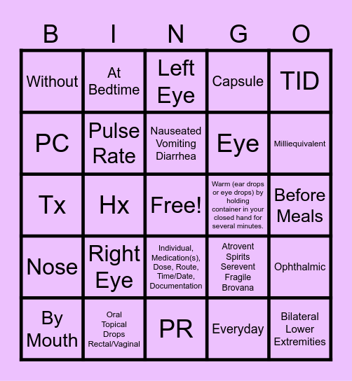 Medication Aide Bingo Card