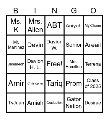 Class of 2025 Spring Break Bingo Card