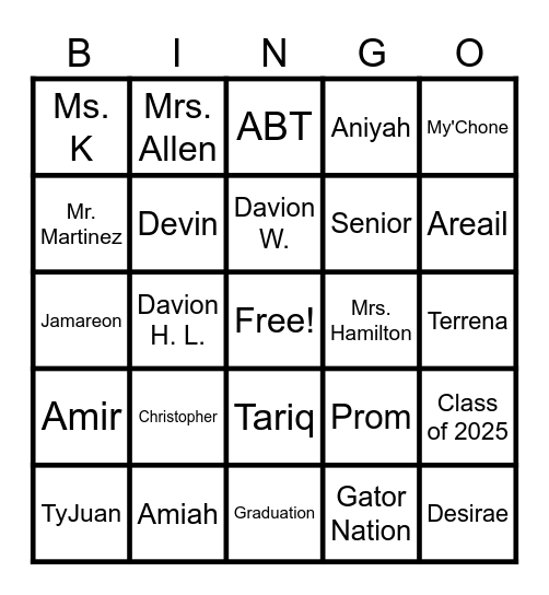 Class of 2025 Spring Break Bingo Card
