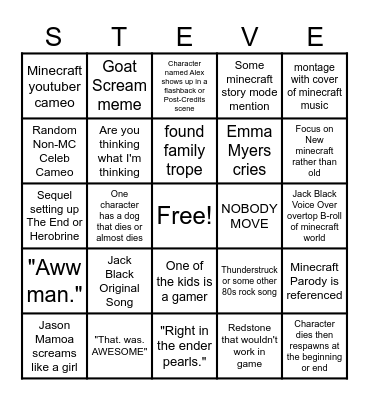 Minecraft Movie Bingo Card